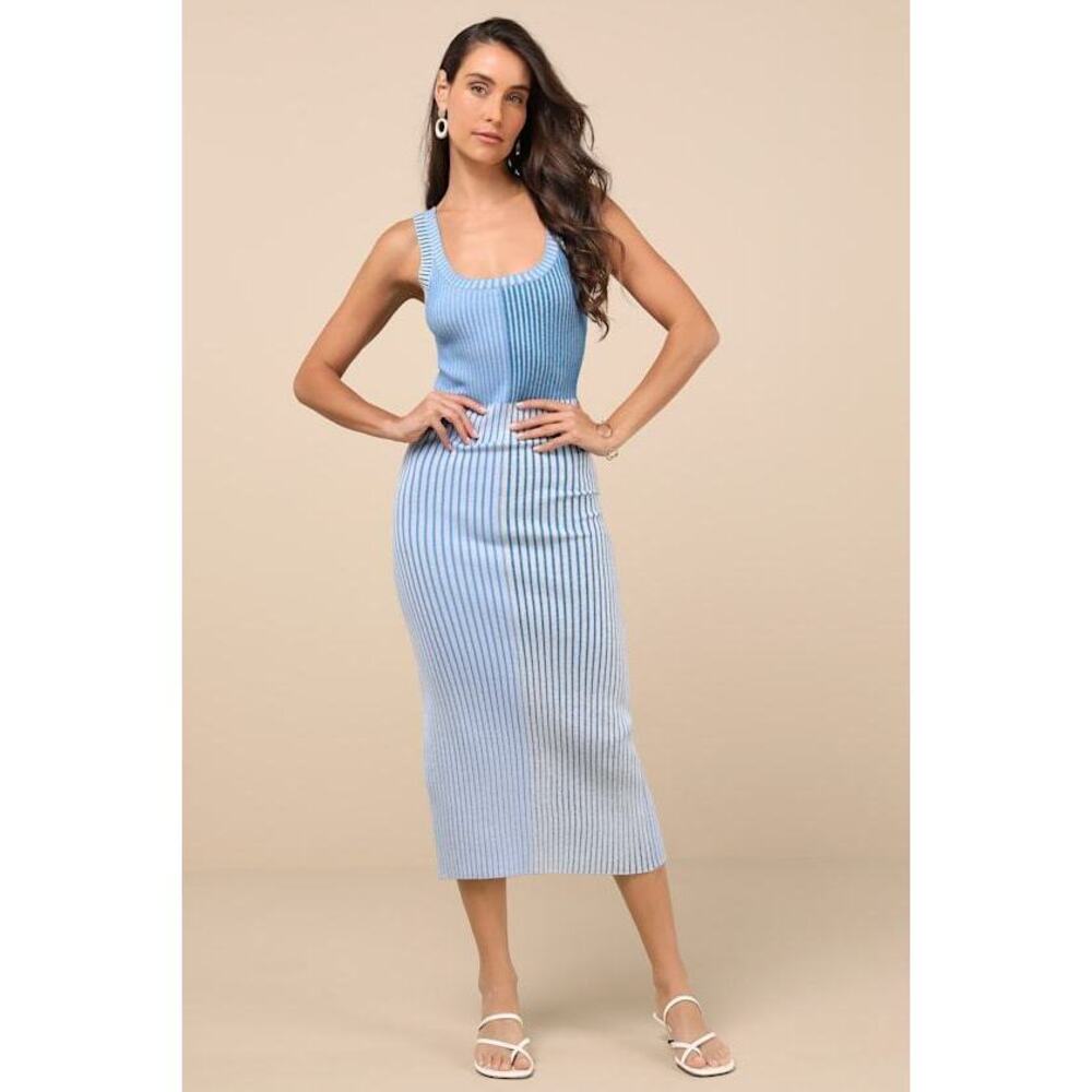 Lulus Radiant Personality Blue Color Block Ribbed Knit Midi Dress - Size M
